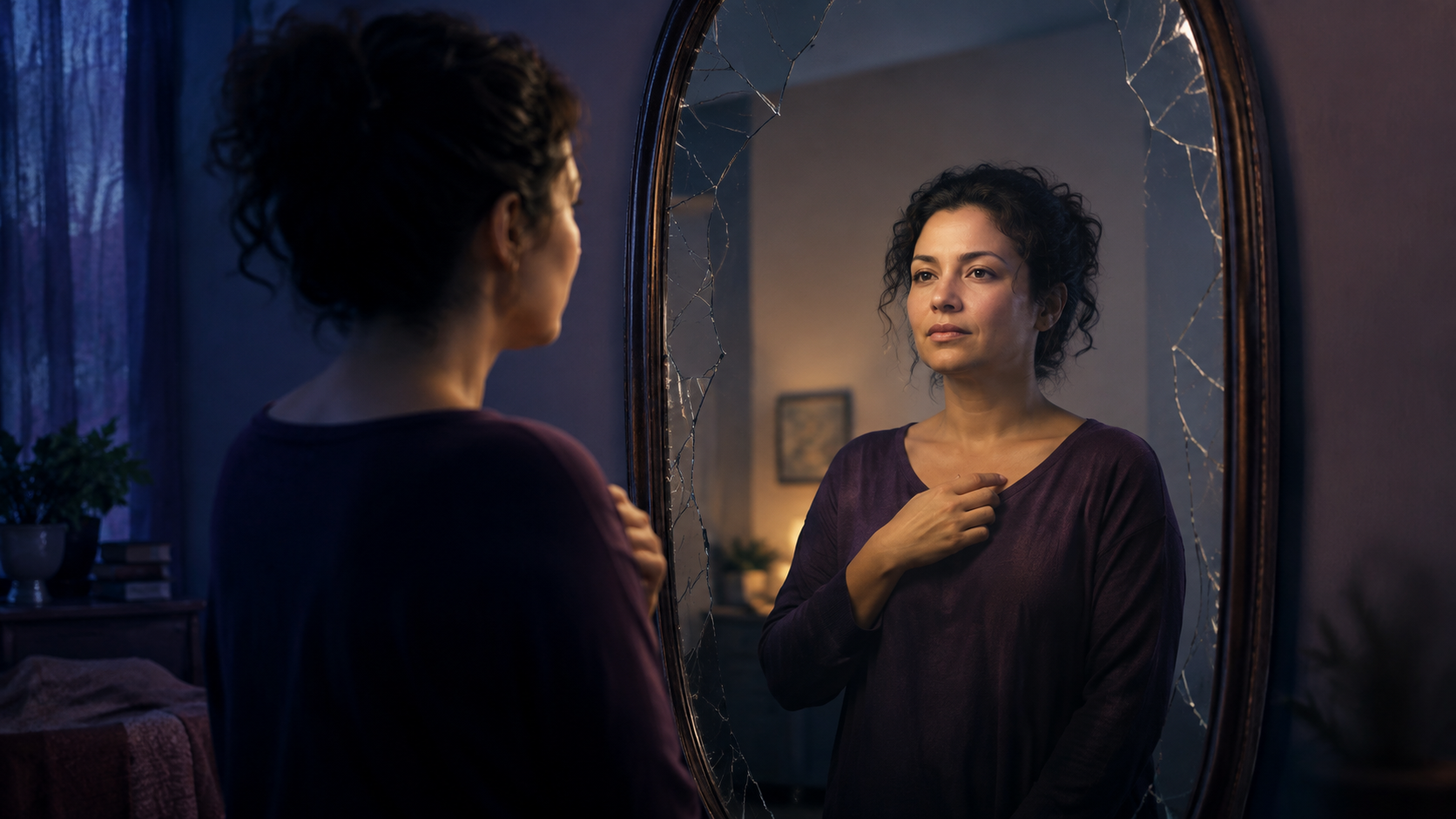 A survivor reconnecting with herself in a mirror